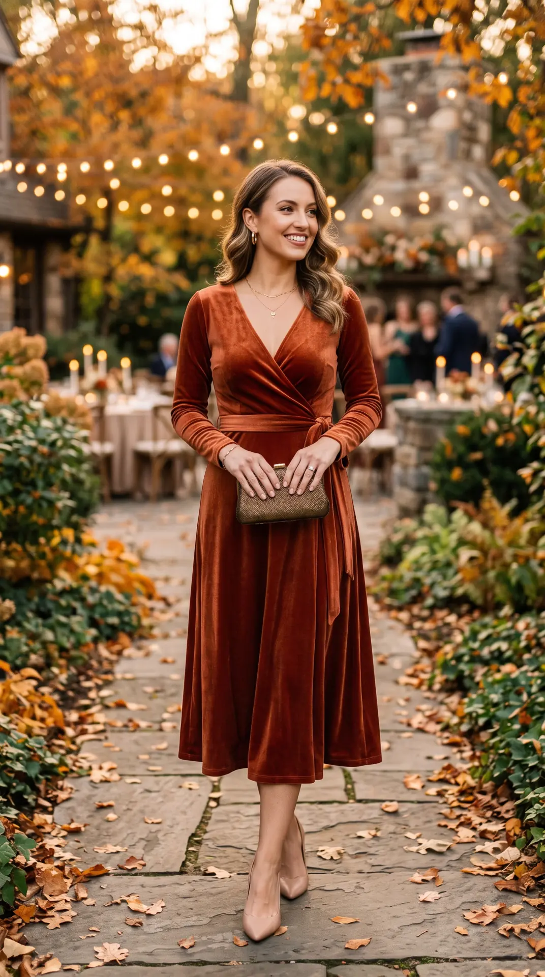 27 Seasonal Wedding Guest Outfit Ideas: Chic Looks for Every Season 8 Rust Velvet Wrap Midi Dress