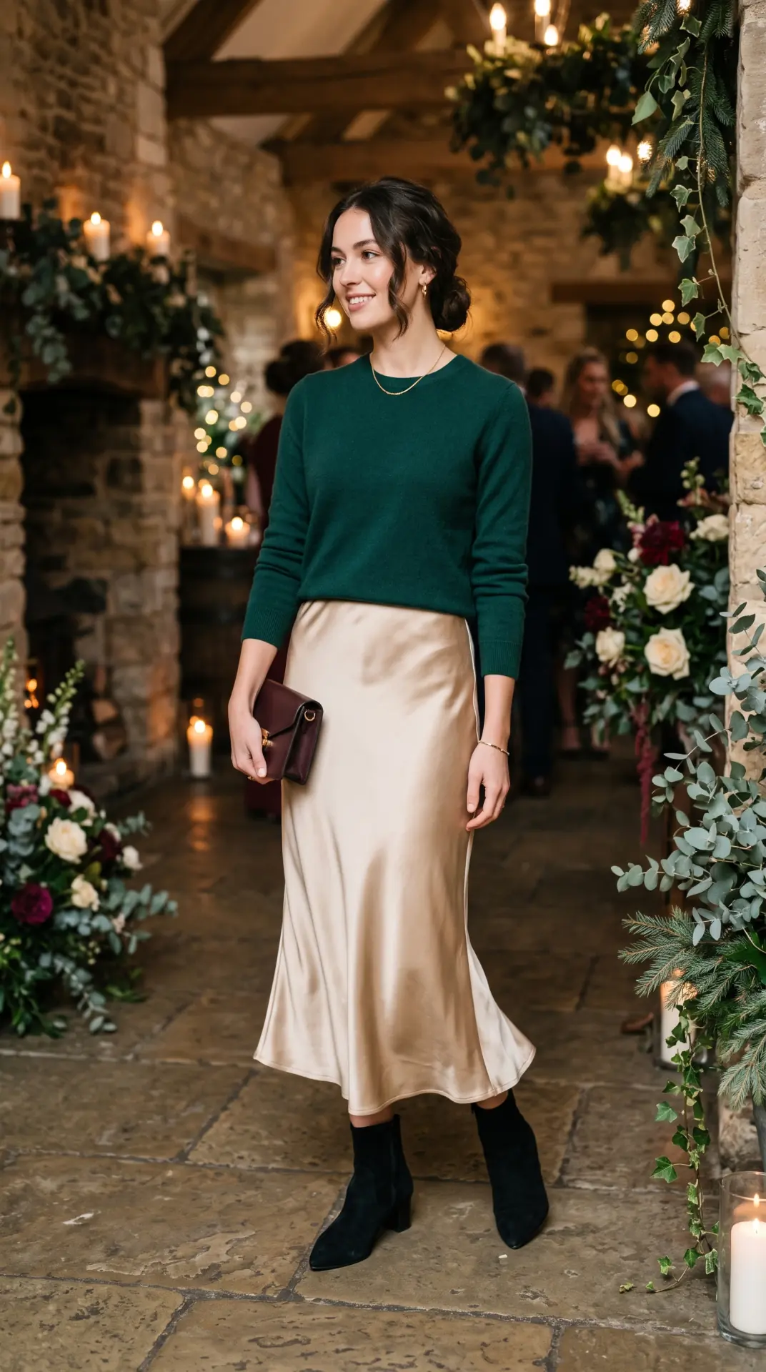 20 Cold Weather Wedding Guest Outfit: Chic Looks That Keep You Warm 12 Satin Midi Skirt With Cashmere Sweater