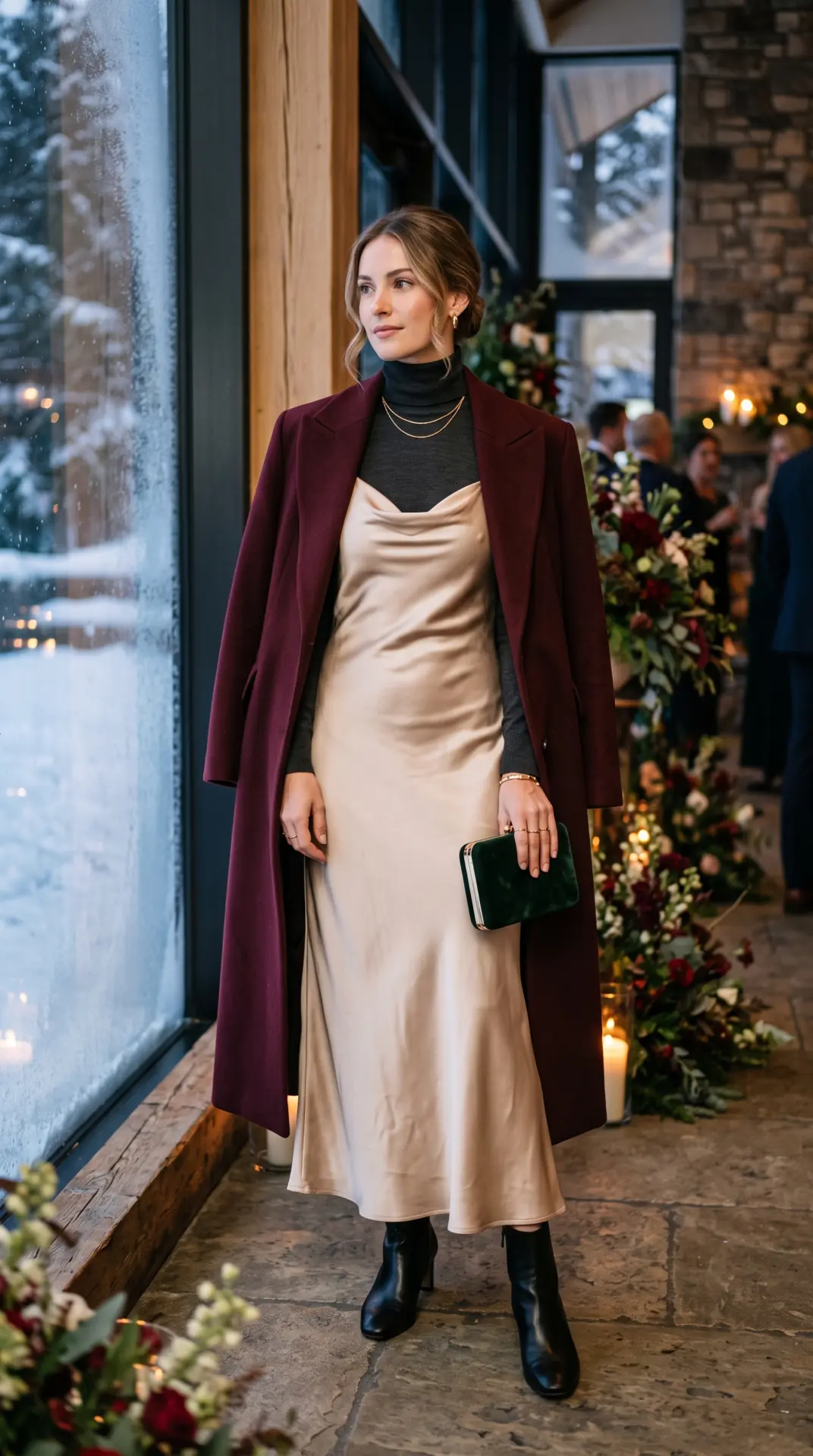 20 Cold Weather Wedding Guest Outfit: Chic Looks That Keep You Warm 21 Satin Slip Dress With Turtleneck and Oversized Coat