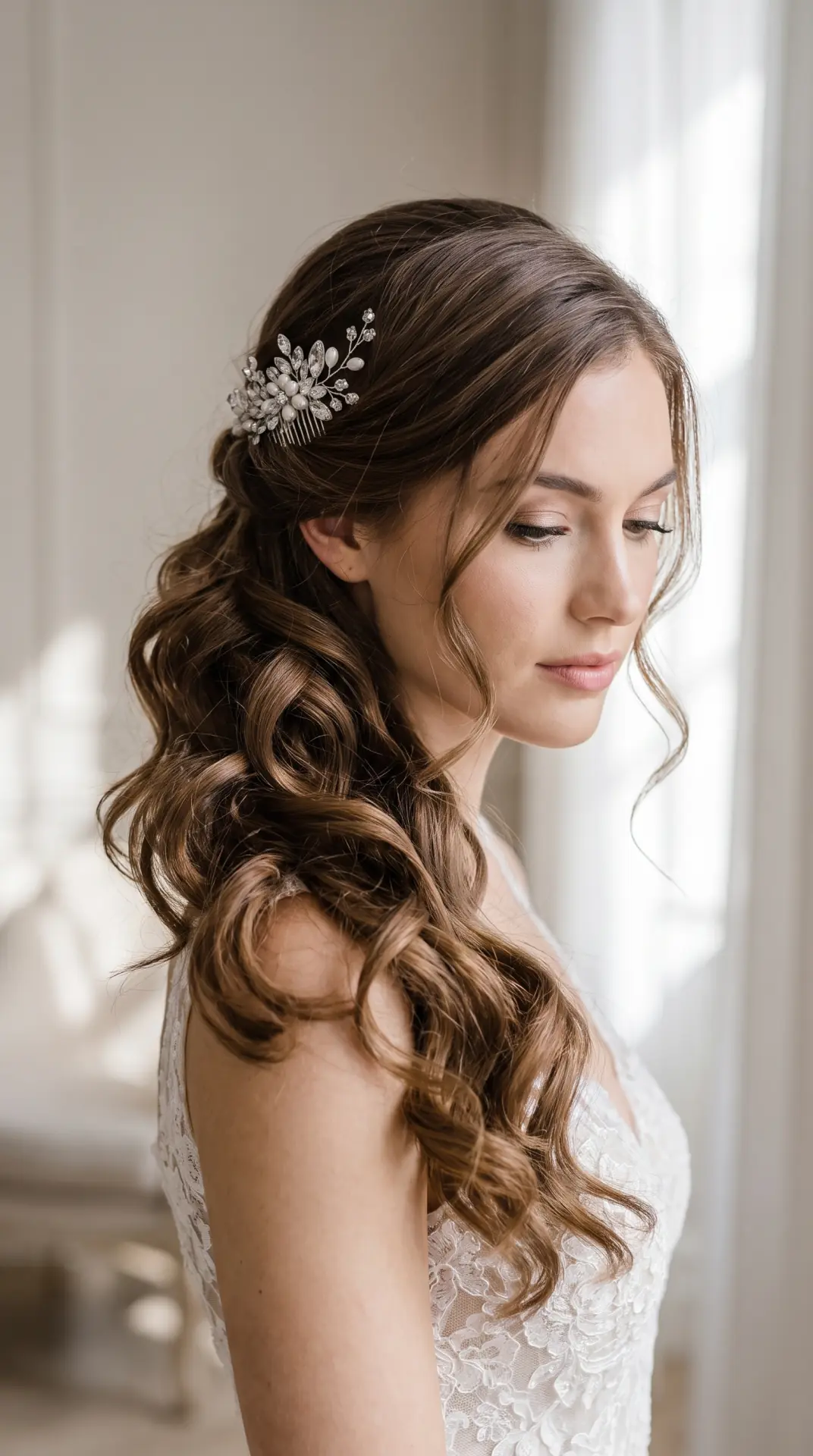 Side-Swept Curls With Crystal Hair Comb