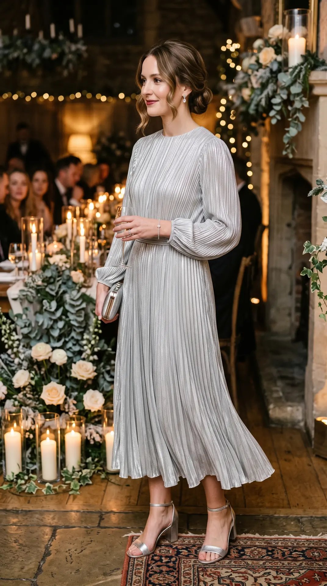 27 Seasonal Wedding Guest Outfit Ideas: Chic Looks for Every Season 17 Silver Pleated Long-Sleeve Midi Dress