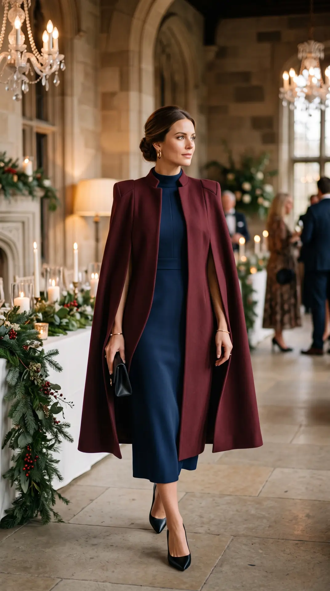 20 Cold Weather Wedding Guest Outfit: Chic Looks That Keep You Warm 13 Structured Midi Dress With Cape Coat