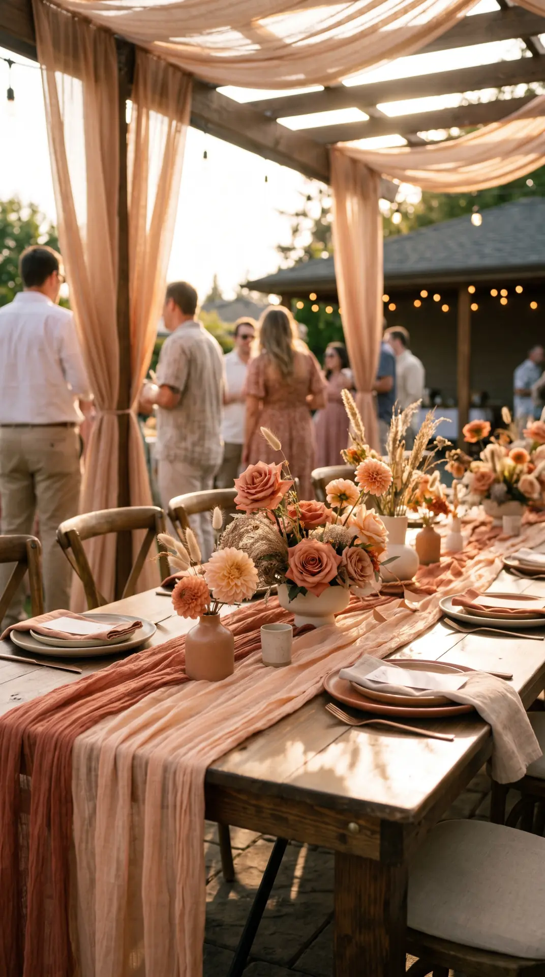 25 Seasonal Real Wedding Inspiration for Every Kind of Celebration 24 Sunset Summer Wedding With Peach and Terracotta: A sunset summer wedding captures the warmth of golden-hour light with peach, terracotta, dusty coral, and creamy neutral tones. Soft flowers and flowing fabrics create gentle movement while warm ceramic accents echo the changing colors of the evening sky. ...