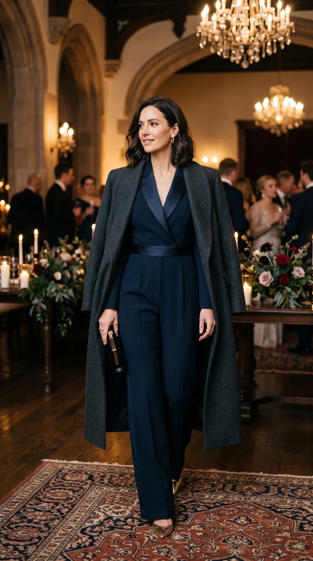 20 Cold Weather Wedding Guest Outfit: Chic Looks That Keep You Warm 17 Tuxedo Jumpsuit With Statement Coat
