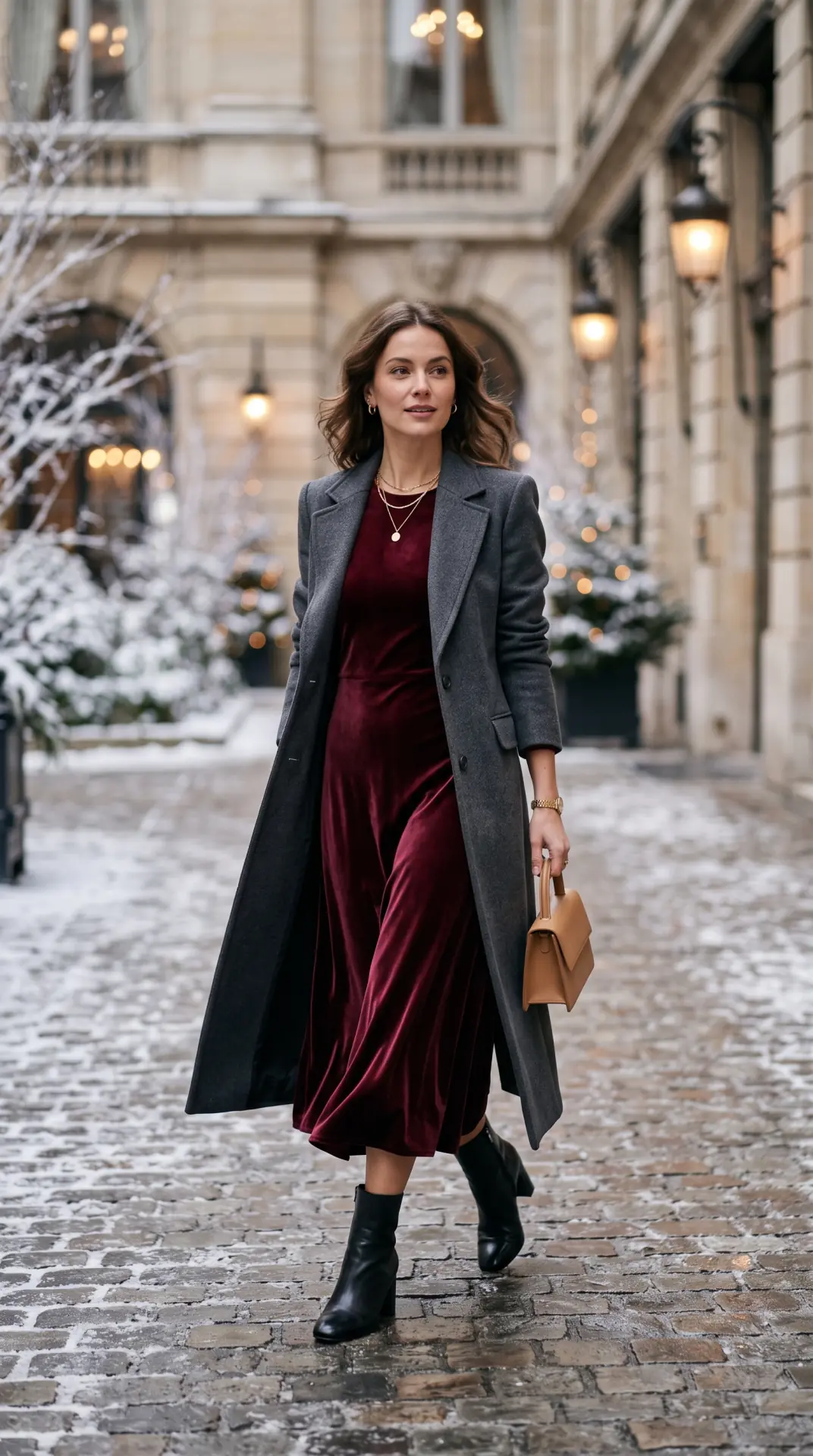 20 Cold Weather Wedding Guest Outfit: Chic Looks That Keep You Warm 2 Velvet Midi Dress With a Tailored Wool Coat