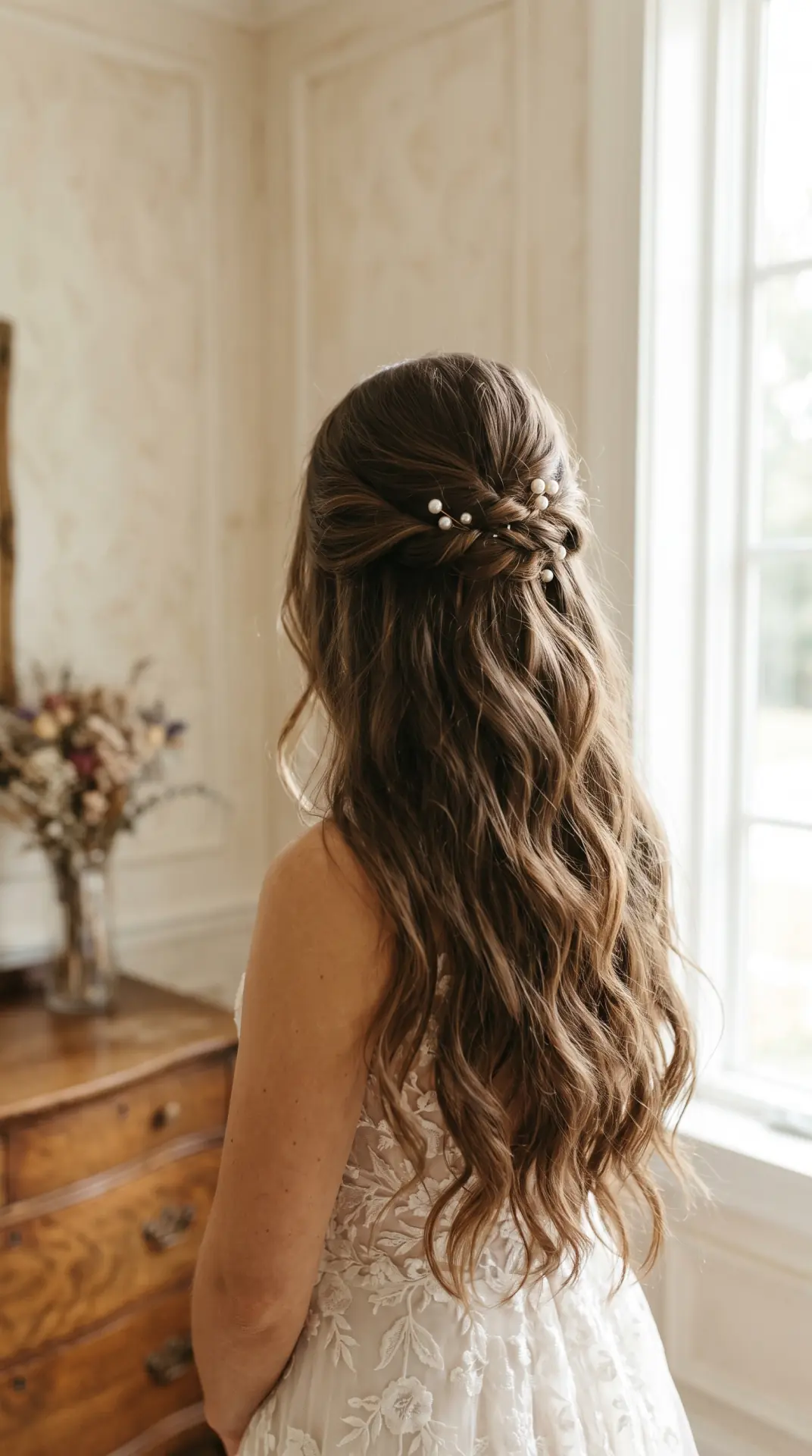 Voluminous Half-Up Waves With Pearl Pins