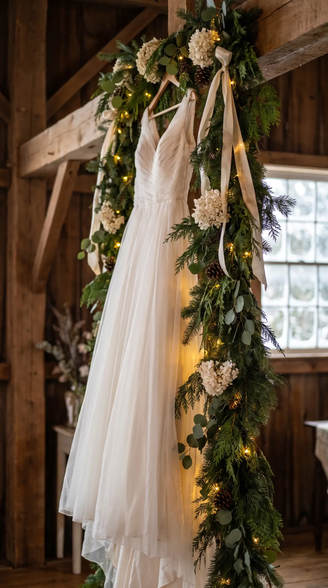 Wedding Dress Hanging Among Evergreen Garlands