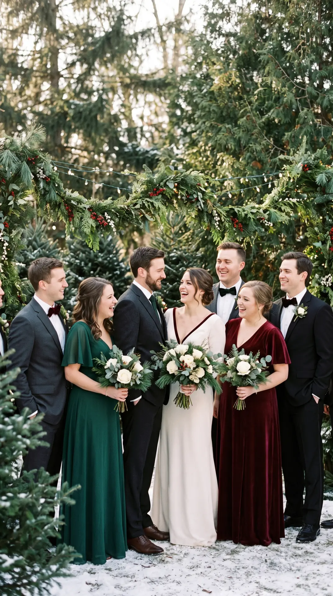 Wedding Party Portraits With Christmas Greenery
