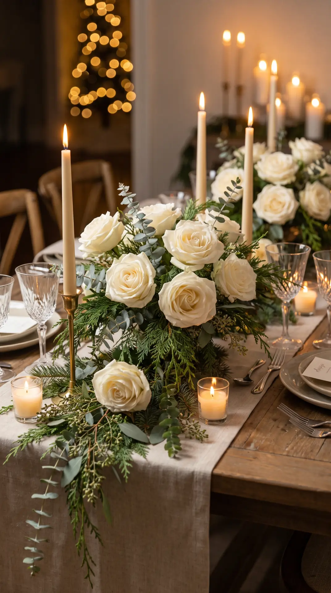 27 December Wedding Ideas That Make Winter Feel Magical 15 White Rose and Evergreen Centerpieces