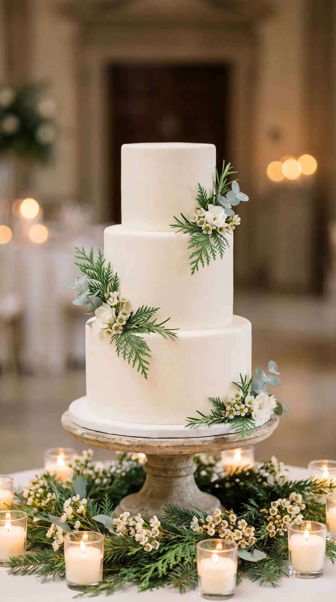 27 December Wedding Ideas That Make Winter Feel Magical 26 White Wedding Cake With Winter Greenery
