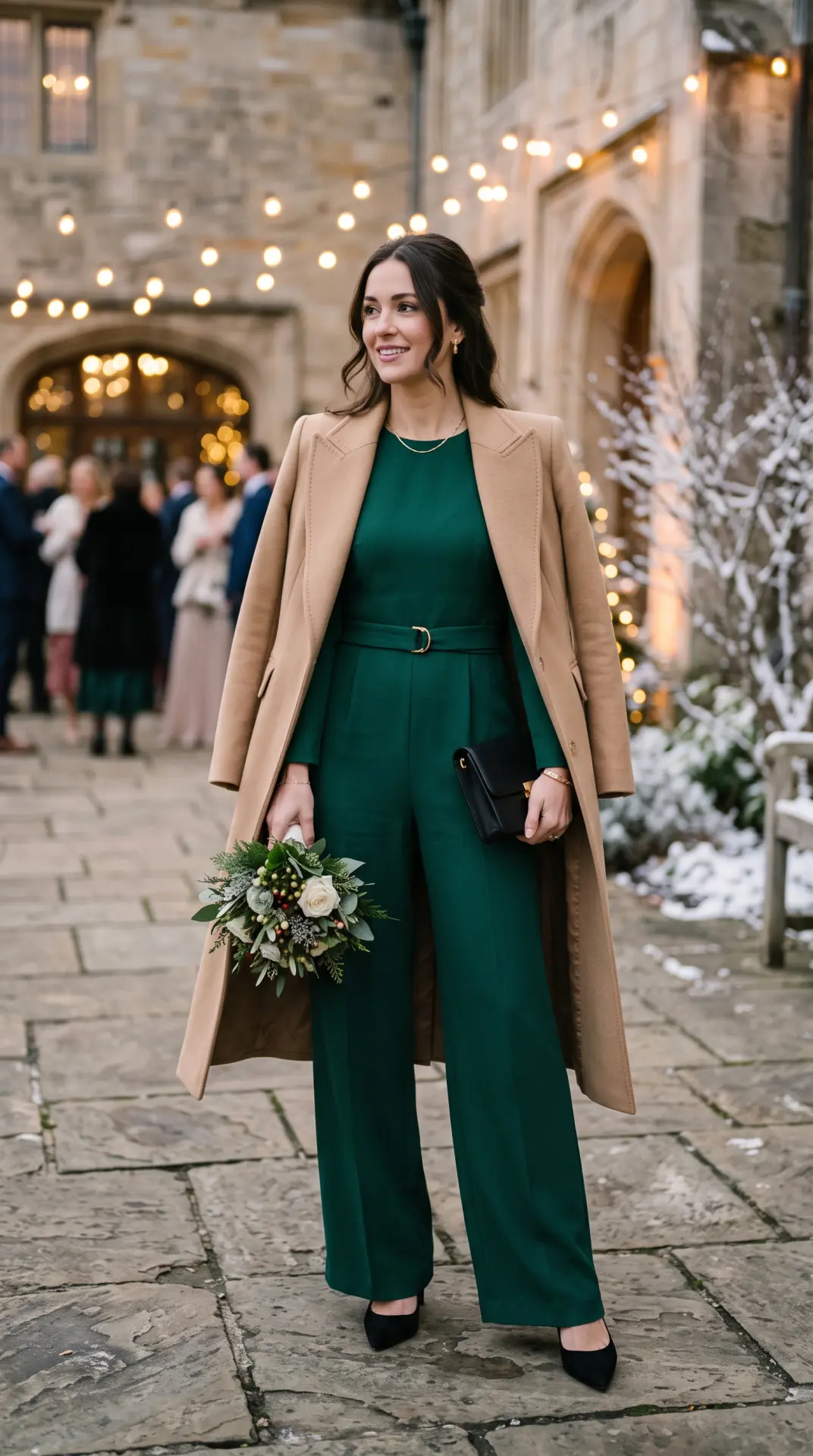 20 Cold Weather Wedding Guest Outfit: Chic Looks That Keep You Warm 4 Wide-Leg Jumpsuit With a Longline Coat