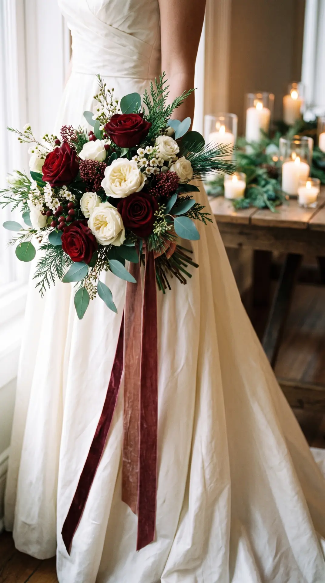 Winter Bouquet Close-Up With Velvet Ribbon