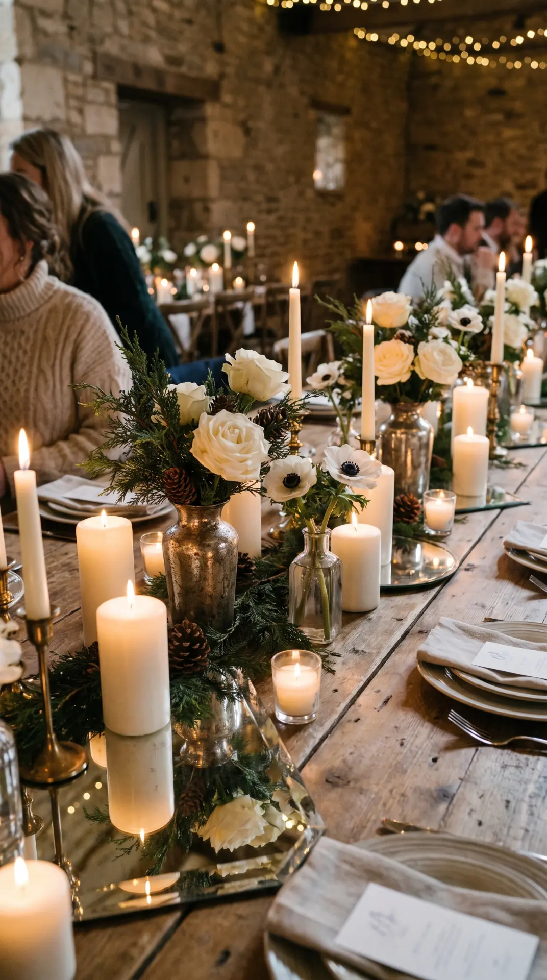 25 Seasonal Real Wedding Inspiration for Every Kind of Celebration 5 Winter Candlelit Wedding With Ivory and Evergreen: A winter candlelit wedding creates a timeless atmosphere through ivory flowers, dark evergreen foliage, warm candlelight, and softly reflective surfaces. The contrast between pale floral arrangements and deep greenery gives the design a clean structure while making indoor spaces feel cozy and dramatic. ...