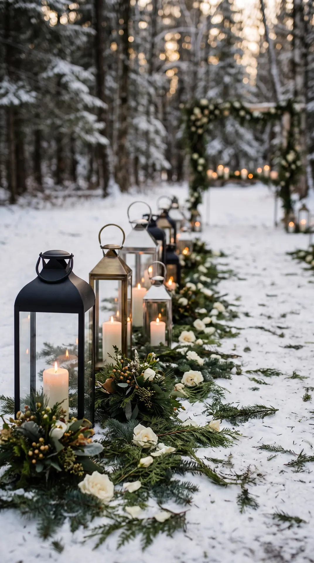 27 December Wedding Ideas That Make Winter Feel Magical 19 Winter Lantern Aisle Decor