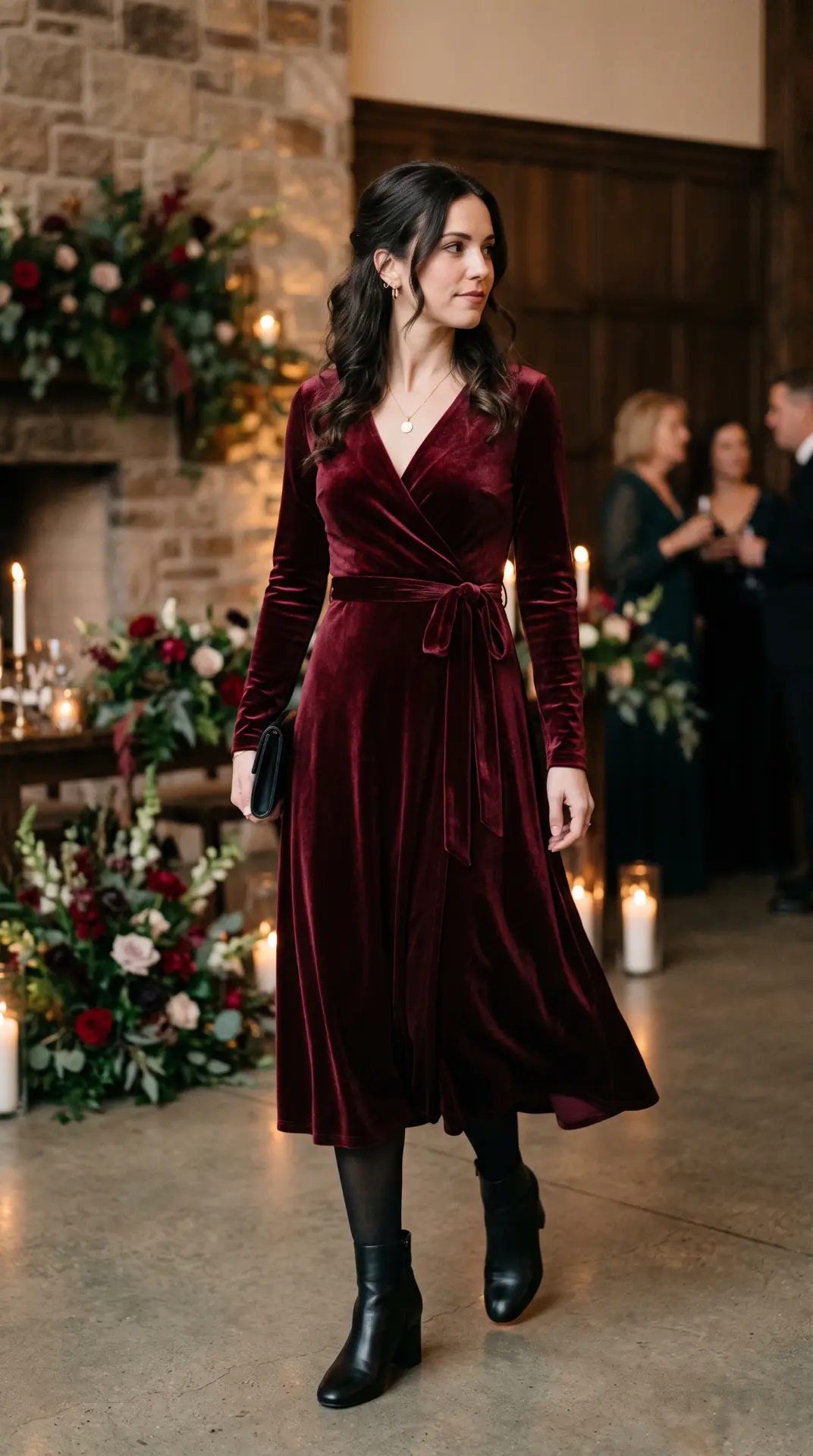 20 Cold Weather Wedding Guest Outfit: Chic Looks That Keep You Warm 9 Wrap Dress With Opaque Tights and Ankle Boots