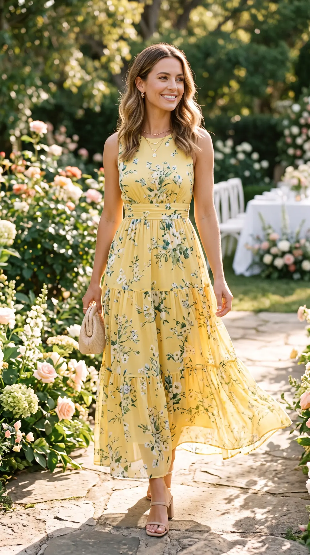 27 Seasonal Wedding Guest Outfit Ideas: Chic Looks for Every Season 23 Yellow Floral Tiered Maxi Dress